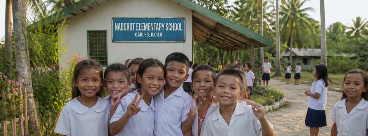 Students outside Naborot Elementary School in Carles, Iloilo, Philippines
